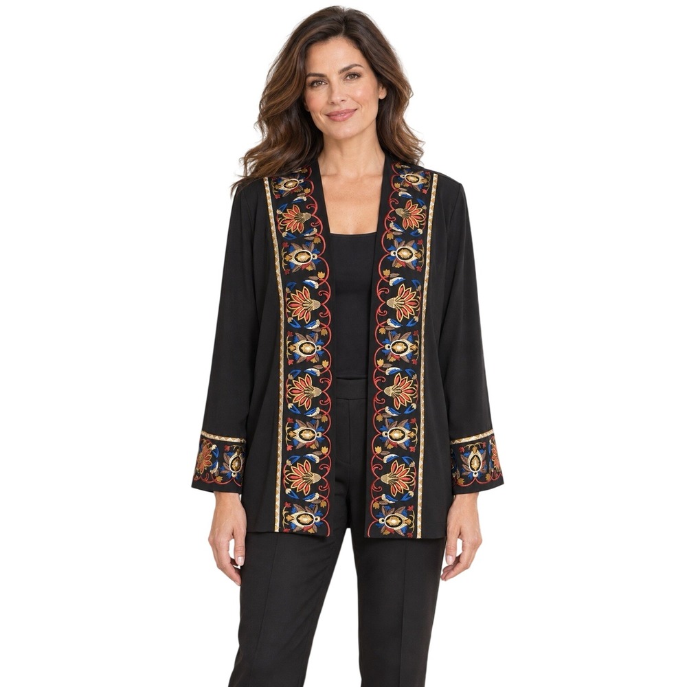 Bob Mackie Wearable Art Black Floral Embroidered Open Front Topper Cardi M NWT